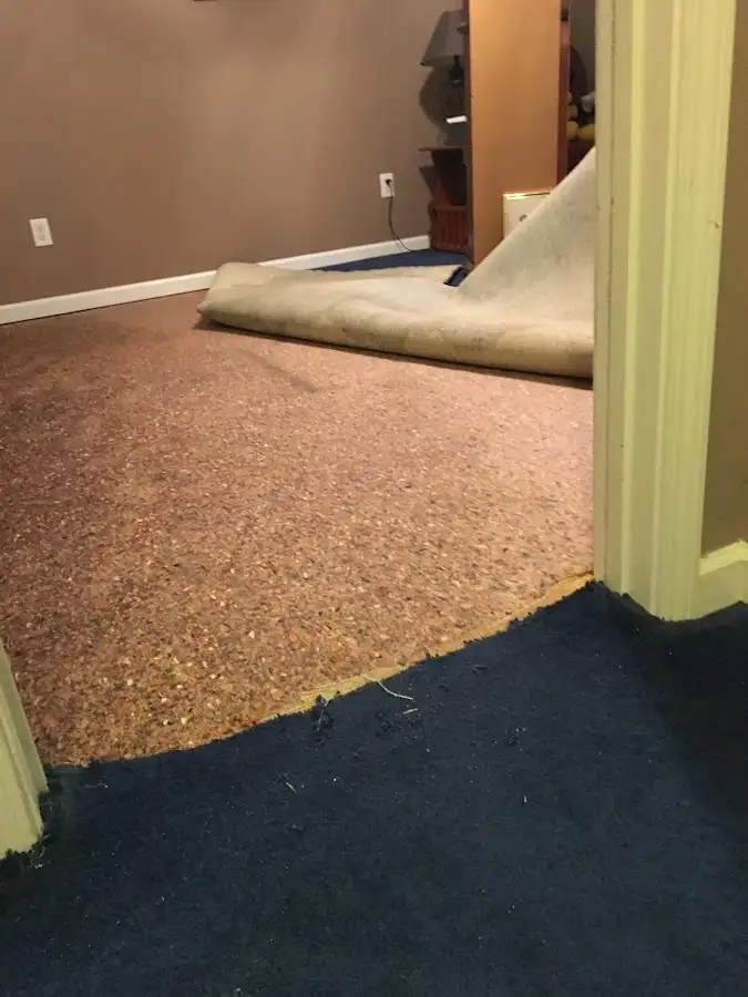 Carpet pad removal revealing water damage during Water Mitigation Services in East Pennsboro